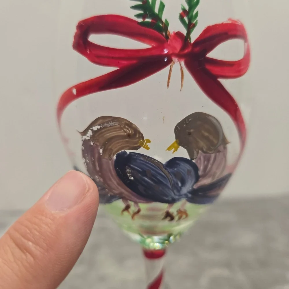 Hand Painted Christmas Wine Glass Two Turtle Doves Candy Cane Stem 9 inch